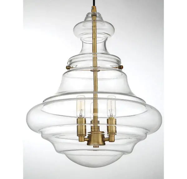Bring this 3-light pendant into your home for an eye-catching look with a vintage touch. Natural brass finish. 18.38" in height and 15" in width. Collection: Mpend Rooms: Bedroom, Billiard Room, Dining Room, Foyer, Kitchen, Office, Powder Room, Stairway, Lobby, Waiting Room, Media Room Finish: Natural Brass Glass: Clear Width: 15.00" Height: 18.38" Length: 15.00" Weight: 6.38 lb Wire: 120" Canopy: 0.75"x5"x5" Number of Bulbs: 3 Maximum Wattage: 60.00 W Bulb Type: C11 Bulb Base: E12 Light Source: Incandescent/LED Dimmable Voltage: 120.00 V Material: Metal, Glass Safety Listing: UL/CUL Safety Rating: Dry LED