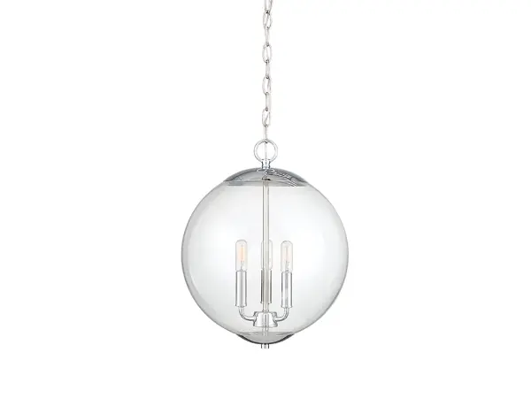 Drawing style inspiration from the past, this 3-light pendant offers up a look that is perfectly suited for today's interiors! An orb of clear glass is paired with a chrome finish. 17.13" in height and 13.75" in width. Collection: Mpend Rooms: Bedroom, Billiard Room, Dining Room, Foyer, Kitchen, Office, Powder Room, Stairway, Lobby, Waiting Room, Media Room Finish: Chrome Glass: Clear Width: 13.75" Height: 17.13" Length: 13.75" Weight: 6.27 lb Chain: 1 x 120" Wire: 144" Canopy: 0.75"x5"x5" Number of Bulbs: 3 Maximum Wattage: 60.00 W Bulb Type: C11 Bulb Base: E12 Light Source: Incandescent/LED Dimmable Voltage: 120.00 V Material: Metal, Glass Safety Listing: UL/CUL Safety Rating: Dry LED