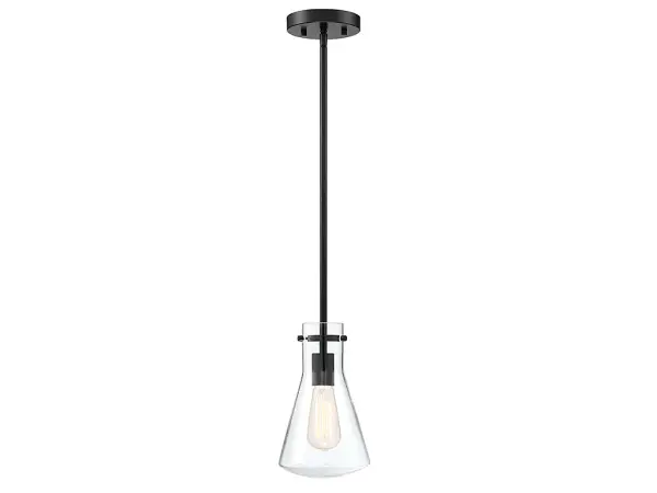Use this 1-light pendant to change up your lighting style! Features a curving shade of clear glass and a matte black finish. 10.5" in height and 6.25" in width. Collection: Mpend Rooms: Bedroom, Billiard Room, Dining Room, Foyer, Kitchen, Office, Powder Room, Stairway, Lobby, Waiting Room, Media Room Finish: Matte Black Glass: Clear Notes: 7-EXT-BK Included: 3 x 9.5``, 90° swivel Width: 6.25" Height: 10.50" Length: 6.25" Weight: 12.85 lb Wire: 80" Rod: 3 x 9.5" Canopy: 0.88"x5.13"x5.13" Number of Bulbs: 1 Maximum Wattage: 60.00 W Bulb Type: E26 Bulb Base: E26 Light Source: Incandescent/LED Dimmable Voltage: 120.00 V Material: Metal, Glass Safety Listing: UL/CUL Safety Rating: Dry LED