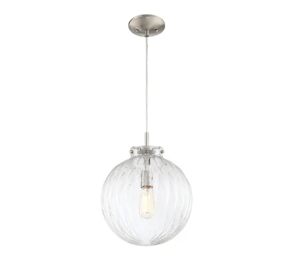 This 1-light mini pendant showcases an intriguing vintage-inspired look that is perfect for today's homes. Its orb-shaped ribbed clear glass shade brings eye-catching texture to go with the brushed nickel finish. 16" in height and 12" in width. Collection: Mmin2 Rooms: Bedroom, Billiard Room, Dining Room, Foyer, Kitchen, Office, Powder Room, Lobby, Waiting Room, Media Room Finish: Brushed Nickel Glass: Clear Ribbed Width: 12.00" Height: 16.00" Length: 12.00" Weight: 3.40 lb Wire: 120" Canopy: 1.13"x5.13"x5.13" Number of Bulbs: 1 Maximum Wattage: 60.00 W Bulb Type: A19 Bulb Base: E26 Light Source: Incandescent/LED Dimmable Voltage: 120.00 V Material: Metal, Glass Safety Listing: UL/CUL Safety Rating: Dry LED
