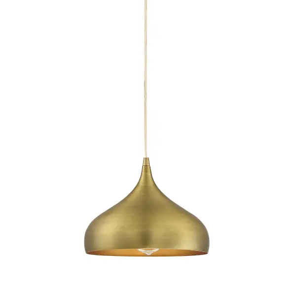 Bring a very mod 60s style lighting look to your home with this 1-light pendant. It actually plugs in and can't be hard-wired, so it's easy to install. It uses a metal shade to direct light downward and is finished in natural brass. It is 8.5" in height and 12" in width, plus it comes with 120" of cord to let you adjust the hanging height as needed. It uses 1 standard size bulb of up to 60 watts, is LED compatible and is dimmable. Collection: Mmin2 Rooms: Bedroom, Billiard Room, Dining Room, Foyer, Kitchen, Office, Powder Room, Lobby, Waiting Room, Media Room Finish: Natural Brass Glass: Natural Brass Metal Notes: Includes 12` cord and plug, in-line switch and ceiling hooks. Cannot be hardwired. Width: 12.00" Height: 8.50" Length: 12.00" Weight: 1.89 lb Wire: 120" Number of Bulbs: 1 Maximum Wattage: 60.00 W Bulb Type: E26 Bulb Base: E26 Light Source: Incandescent/LED Dimmable Voltage: 120.00 V Material: Metal Safety Listing: UL/CUL Safety Rating: Dry LED