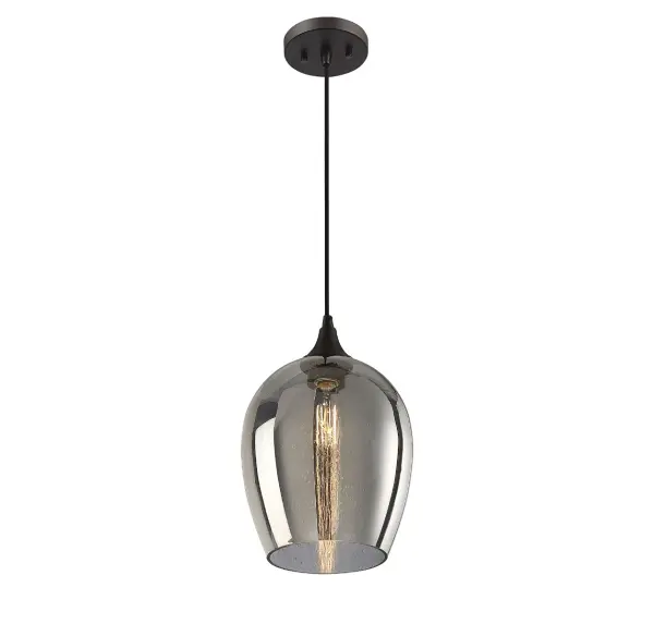 This 1-light pendant uses a bold, curving shade of smoky gray textured glass paired with simple hardware detailing in an oil rubbed bronze finish to create a big dose of drama in a relatively small package. Use this pendant alone or in groups for a huge style impact! It is 15" in height and 10" in width, plus it comes with 120" of cord to let you adjust the hanging height as needed. It uses 1 standard size bulb of up to 60 watts, is LED compatible and is dimmable. Collection: Mmin2 Rooms: Bedroom, Billiard Room, Dining Room, Foyer, Kitchen, Office, Powder Room, Lobby, Waiting Room, Media Room Finish: Oil Rubbed Bronze Glass: Plated Metallic Width: 10.00" Height: 15.00" Length: 10.00" Weight: 4.00 lb Wire: 120" Canopy: 0.75"x5.13"x5.13" Number of Bulbs: 1 Maximum Wattage: 60.00 W Bulb Type: A19 Bulb Base: E26 Light Source: Incandescent/LED Dimmable Voltage: 120.00 V Material: Metal, Glass Safety Listing: UL/CUL Safety Rating: Dry LED