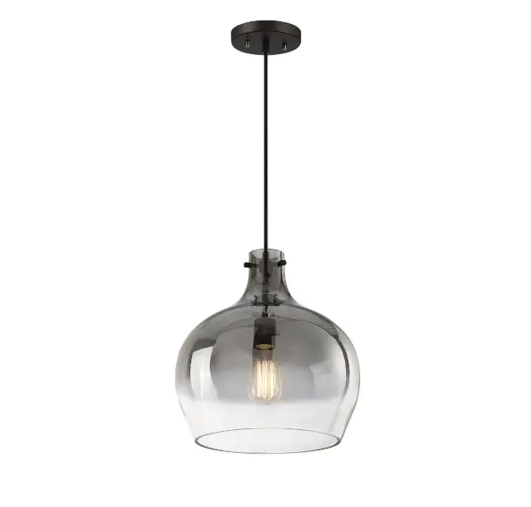 This 1-light pendant uses a bold, curving shade of ombre metallic glass paired with simple hardware detailing in an oil rubbed bronze finish to create a big dose of drama in a relatively small package. Use this pendant alone or in groups for a huge style impact! It is 14" in height and 12.75" in width, plus it comes with 120" of cord to let you adjust the hanging height as needed. It uses 1 standard size bulb of up to 60 watts, is LED compatible and is dimmable. Collection: Mmin2 Rooms: Bedroom, Billiard Room, Dining Room, Foyer, Kitchen, Office, Powder Room, Stairway, Lobby, Waiting Room, Media Room Finish: Oil Rubbed Bronze Glass: Smoked Ombre Width: 12.75" Height: 14.00" Length: 12.75" Weight: 5.46 lb Wire: 120" Canopy: 0.75"x5.13"x5.13" Number of Bulbs: 1 Maximum Wattage: 60.00 W Bulb Type: E26 Bulb Base: E26 Light Source: Incandescent/LED Dimmable Voltage: 120.00 V Material: Metal, Glass Safety Listing: UL/CUL Safety Rating: Dry LED