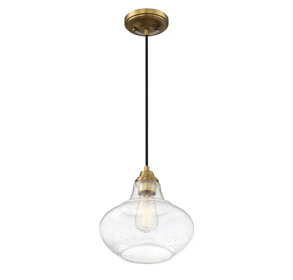 Two-tone appeal is easy to get with this 1-light mini pendant. Showcasing a schoolhouse-inspired shade of clear seeded glass, natural brass finished hardware and black cord, it adds a touch of industrial flair to any space. Use this pendant alone or in groups for a huge style impact! It is 10" in height and 10" in width, plus it comes with 120" of cord to let you adjust the hanging height as needed. It uses 1 standard size bulb of up to 60 watts, is LED compatible and is dimmable. Collection: Mmin2 Rooms: Bedroom, Billiard Room, Dining Room, Foyer, Kitchen, Office, Powder Room, Lobby, Waiting Room, Media Room Finish: Natural Brass Glass: Clear seeded Width: 10.00" Height: 10.00" Length: 10.00" Weight: 2.53 lb Wire: 120" Canopy: 1.25"x5"x5" Number of Bulbs: 1 Maximum Wattage: 60.00 W Bulb Type: E26 Bulb Base: E26 Light Source: Incandescent/LED Dimmable Voltage: 120.00 V Material: Metal, Glass Safety Listing: UL/CUL Safety Rating: Dry LED