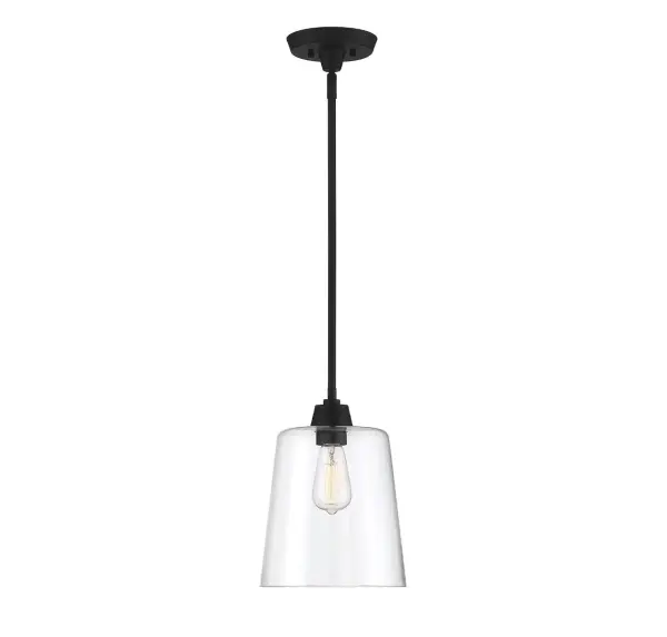 Sometimes, a simple look makes the biggest impact, like with this elegantly understated 1-light pendant. Featuring a large, conical shade of clear glass and slender hardware in a matte black finish, this pendant is sure to boost the light and style in your home. It is 11.5" in height and 9.5" in width, plus it comes with three 9.5" downrods. It uses 1 standard size bulb of up to 60 watts, is LED compatible and is dimmable. Collection: Mpend Rooms: Bedroom, Billiard Room, Dining Room, Foyer, Kitchen, Office, Powder Room, Stairway, Lobby, Waiting Room, Media Room Finish: Matte Black Glass: Clear Notes: 7-EXT-BK Included: 3 x 9.5``, 90° swivel Width: 9.50" Height: 11.50" Length: 9.50" Weight: 4.63 lb Wire: 80" Rod: 3 x 9.5" Canopy: 6"x6"x6" Number of Bulbs: 1 Maximum Wattage: 60.00 W Bulb Type: E26 Bulb Base: E26 Light Source: Incandescent/LED Dimmable Voltage: 120.00 V Material: Metal, Glass Safety Listing: ETL/CETL Safety Rating: Dry LED