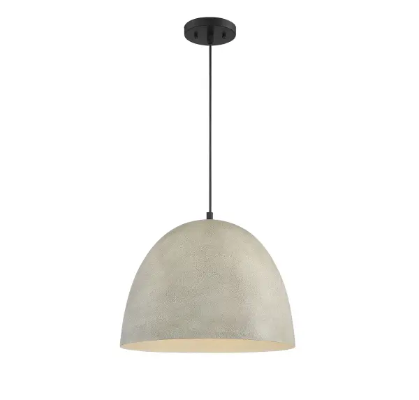 The bold and industrial look of concrete can be yours for an incredible price with this 1-light pendant. Featuring a large and gently curving shade in a Concrete finish, paired with a super sleek black hanging cord, it is sure to make your industrial style-loving heart sing! It is 12" in height and 16" in width, plus it comes with 120" of cord to let you adjust the hanging height as needed. It uses 1 standard size bulb of up to 60 watts, is LED compatible and is dimmable. Collection: Mpend Rooms: Bedroom, Billiard Room, Dining Room, Foyer, Kitchen, Office, Powder Room, Stairway, Lobby, Waiting Room, Media Room Finish: Concrete with Matte Black Glass: Rough Stone Width: 16.00" Height: 12.00" Length: 16.00" Weight: 5.83 lb Canopy: 0.75"x5.13"x5.13" Number of Bulbs: 1 Maximum Wattage: 60.00 W Bulb Type: E26 Bulb Base: E26 Light Source: Incandescent/LED Dimmable Voltage: 120.00 V Material: Metal Safety Listing: UL/CUL Safety Rating: Dry LED