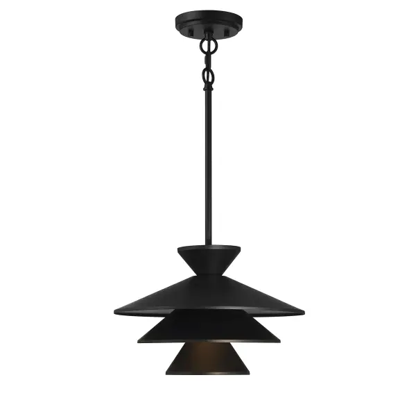 Add a bold touch of midcentury modern inspiration to any room with this eye-catching 1-light pendant from Meridian! Matte black finish. 8" in height and 14" in width. Max hanging height 62". Rooms: Bedroom, Billiard Room, Dining Room, Foyer, Kitchen, Office, Powder Room, Stairway, Lobby, Waiting Room, Media Room Finish: Matte Black Glass: Matte Black Metal Notes: Dual Mount Hanging System for flat or sloped ceilings. Width: 14.00" Height: 8.00" Length: 14.00" Weight: 5.65 lb Wire: 80" Rod: 4 x 12" & 1 x 6" Canopy: 1"x5.13"x5.13" Number of Bulbs: 1 Maximum Wattage: 60.00 W Bulb Type: E26 Bulb Base: E26 Light Source: Incandescent/LED Dimmable Voltage: 120.00 V Material: Metal Safety Listing: UL/CUL Safety Rating: Dry LED