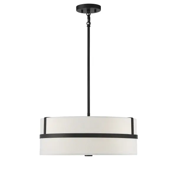 Pep up the lighting style in any room with this chic Meridian 4-light pendant. Pairing a drum-shaped shade of white fabric with a matte black finish and cage detailing creates an intriguing look that is sure to please for years to come. Use solo or in multiples to create beautiful, fashionable illumination in rooms with contemporary, modern and transitional styles. This pendant is 8" in height and 20" in width, plus it includes four 12" downrods and one 6" downrod to let you adjust the height for a maximum of 62". This pendant uses 4 standard size bulbs of up to 60 watts each, is LED compatible and is dimmable. You can use this pendant on a sloped ceiling. Rooms: Bedroom, Billiard Room, Dining Room, Foyer, Kitchen, Office, Powder Room, Stairway, Lobby, Waiting Room, Media Room Finish: Matte Black Glass: White Fabric Notes: Dual Mount Hanging System for flat or sloped ceilings. Width: 20.00" Height: 8.00" Length: 20.00" Weight: 9.60 lb Wire: 80" Rod: 4 x 12" & 1 x 6" Canopy: 0.75"x9.5"x9.5" Number of Bulbs: 4 Maximum Wattage: 60.00 W Bulb Type: A19 Bulb Base: E26 Light Source: Incandescent/LED Dimmable Voltage: 120.00 V Material: Metal, Fabric Safety Listing: ETL/CETL Safety Rating: Dry LED