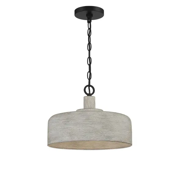 No matter where you live, you can easily add a touch of farmhouse appeal to your home with this Meridian 1-light pendant. It flaunts a wide weathered gray metal shade that has down-home charm and pairs well with the black chain. Whether used alone or in multiples, this pendant is perfect for spaces with farmhouse, rustic and contemporary looks. This pendant is 10.25" in height and 14" in width, plus it includes 120" of chain to let you adjust the height. This pendant uses 1 standard size bulb of up to 60 watts, is LED compatible and is dimmable. Rooms: Bedroom, Billiard Room, Dining Room, Foyer, Kitchen, Office, Powder Room, Stairway, Lobby, Waiting Room, Media Room Finish: Weathered Gray with Black Glass: Weathered Grey Metal Width: 14.00" Height: 10.25" Length: 14.00" Weight: 5.92 lb Chain: 1 x 120" Wire: 144" Canopy: 0.75"x5.13"x5.13" Number of Bulbs: 1 Maximum Wattage: 60.00 W Bulb Type: A19 Bulb Base: E26 Light Source: Incandescent/LED Dimmable Voltage: 120.00 V Material: Metal Safety Listing: ETL/CETL Safety Rating: Dry LED