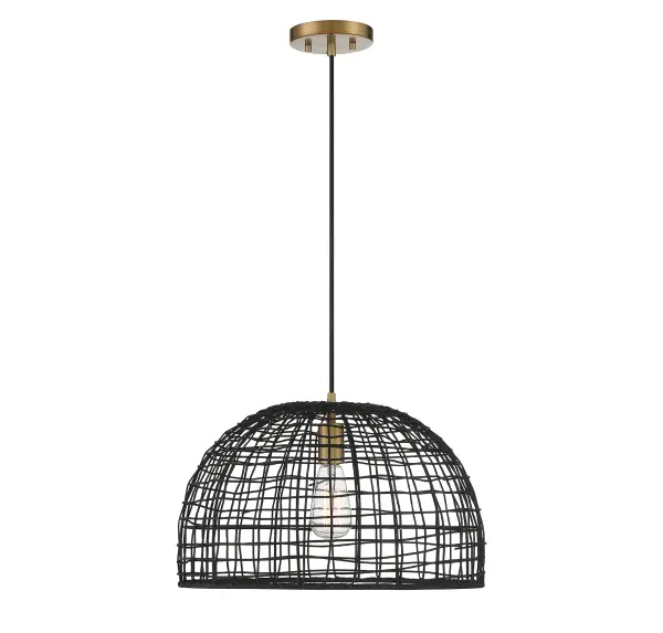 Bring a nature-inspired lighting look to your home with this 1-light pendant from Meridian. It flaunts a dome-shaped shade of black rattan for an intriguing and highly textured look. The light and the natural brass-finished socket shine through this shade, bringing in two-tone appeal. It is great for brightening up rooms with bohemian, farmhouse and rustic decor styles. This pendant is 12" in height and 18" in width, plus it comes with 120" of cord to let you adjust the hanging height. This pendant uses 1 standard size bulb of up to 60 watts, is LED compatible and is dimmable. Rooms: Bedroom, Billiard Room, Dining Room, Foyer, Kitchen, Office, Powder Room, Stairway, Lobby, Waiting Room, Media Room Finish: Black with Natural Brass Accents Glass: Black Rattan Width: 18.00" Height: 12.00" Length: 18.00" Weight: 3.00 lb Wire: 120" Canopy: 0.75"x5.13"x5.13" Number of Bulbs: 1 Maximum Wattage: 60.00 W Bulb Type: E26 Bulb Base: E26 Light Source: Incandescent/LED Dimmable Voltage: 120.00 V Material: Metal, Rattan Safety Listing: ETL/CETL Safety Rating: Dry LED