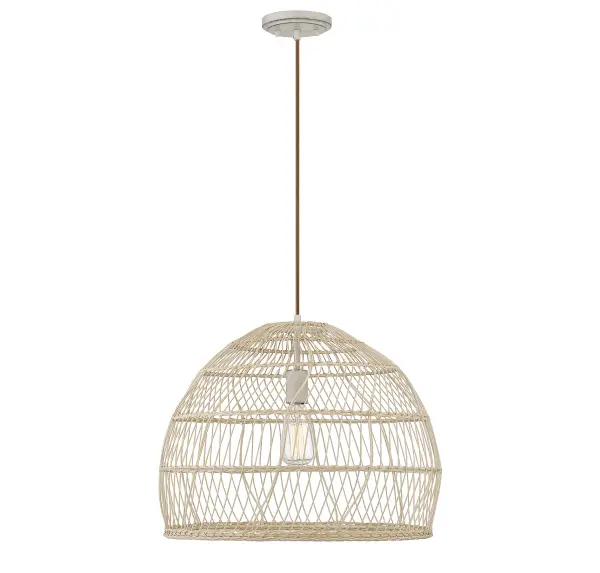 Bring a nature-inspired lighting look to your home with this 1-light pendant from Meridian. It showcases a dome-shaped, basket-inspired shade of natural rattan for an intriguing and highly textured look. The light and the matching socket shine through this shade, bringing in tone-on-tone appeal. It is great for brightening up rooms with bohemian, farmhouse and rustic decor styles. This pendant is 16" in height and 20" in width, plus it comes with 120" of cord to let you adjust the hanging height. This pendant uses 1 standard size bulb of up to 60 watts, is LED compatible and is dimmable. Rooms: Bedroom, Billiard Room, Dining Room, Foyer, Kitchen, Office, Powder Room, Stairway, Lobby, Waiting Room, Media Room Finish: Natural Rattan with a Matching Socket Glass: Natural Rattan Width: 20.00" Height: 16.00" Length: 20.00" Weight: 3.81 lb Wire: 120" Canopy: 0.75"x5.13"x5.13" Number of Bulbs: 1 Maximum Wattage: 60.00 W Bulb Type: E26 Bulb Base: E26 Light Source: Incandescent/LED Dimmable Voltage: 120.00 V Material: Metal, Rattan Safety Listing: ETL/CETL Safety Rating: Dry LED