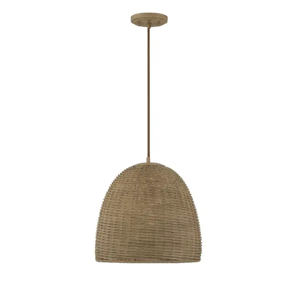 Bring a nature-inspired lighting look to your home with this 1-light pendant from Meridian. It showcases a dome-shaped, basket-inspired shade of woven natural wicker for an intriguing and highly textured look. It is great for brightening up rooms with bohemian, farmhouse and rustic decor styles. This pendant is 15" in height and 14" in width, plus it comes with 120" of cord to let you adjust the hanging height. This pendant uses 1 standard size bulb of up to 60 watts, is LED compatible and is dimmable. Rooms: Bedroom, Billiard Room, Dining Room, Foyer, Kitchen, Office, Powder Room, Stairway, Lobby, Waiting Room, Media Room Finish: Natural Wicker Glass: Natural Wicker Width: 14.00" Height: 15.00" Length: 14.00" Weight: 3.75 lb Wire: 120" Canopy: 0.75"x5.13"x5.13" Number of Bulbs: 1 Maximum Wattage: 60.00 W Bulb Type: E26 Bulb Base: E26 Light Source: Incandescent/LED Dimmable Voltage: 120.00 V Material: Metal, Wicker Safety Listing: ETL/CETL Safety Rating: Dry LED