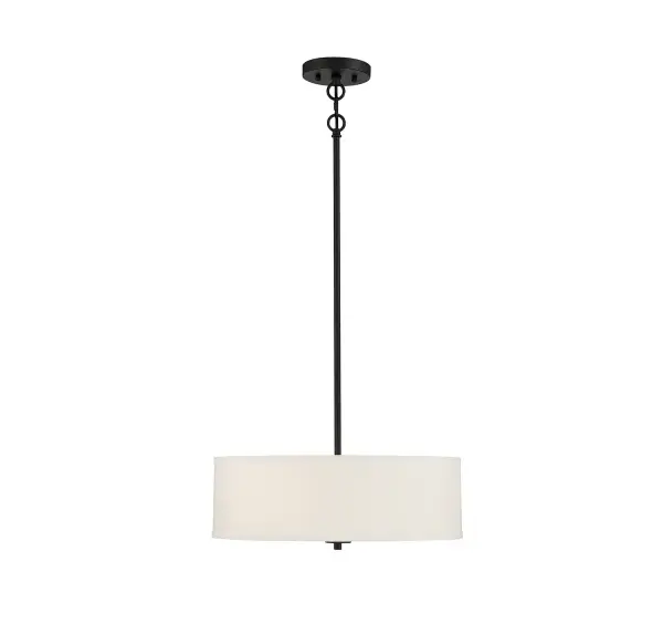 This Meridian 3-light pendant presents timeless drum pendant lighting style that is perfectly suited for brightening up any space. Its crisp shade of white fabric pairs well with the fashionable matte black finish. Whether you use this pendant alone or in multiples, you will love how it looks! This pendant is 6.5" in height and 18" in width, plus it includes four 12" downrods and one 6" downrod to let you adjust the height for a maximum of 60.5". This pendant uses 3 standard size bulbs of up to 60 watts each, is LED compatible, is dimmable and can be used on a sloped ceiling. Rooms: Bedroom, Billiard Room, Dining Room, Foyer, Kitchen, Office, Powder Room, Stairway, Lobby, Waiting Room, Media Room Finish: Matte Black Glass: White Fabric Notes: Dual Mount Hanging System for flat or sloped ceilings. Width: 18.00" Height: 6.50" Length: 18.00" Weight: 7.19 lb Wire: 80" Rod: 4 x 12" & 1 x 6" Canopy: 0.75"x5.13"x5.13" Number of Bulbs: 3 Maximum Wattage: 60.00 W Bulb Type: A19 Bulb Base: E26 Light Source: Incandescent/LED Dimmable Voltage: 120.00 V Material: Metal, Fabric Safety Listing: ETL/CETL Safety Rating: Dry LED