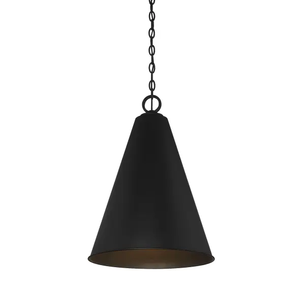 This Meridian 1-light pendant flaunts an opaque cone-shape shade and a chain with interlocking circles, making for a fetching geometric look. It is finished in matte black and is great for bringing focused, directed light to areas like kitchen islands. This pendant is 27.75" in height and 18" in width, plus it includes 120" of chain to let you adjust the hanging height as needed. This pendant uses 1 standard size bulb of up to 60 watts, is LED compatible and is dimmable. Rooms: Bedroom, Billiard Room, Dining Room, Foyer, Kitchen, Office, Powder Room, Stairway, Lobby, Waiting Room, Media Room Finish: Matte Black Glass: Matte Black Metal Width: 18.00" Height: 27.75" Length: 18.00" Weight: 8.84 lb Chain: 1 x 120" Wire: 144" Canopy: 0.88"x5.13"x5.13" Number of Bulbs: 1 Maximum Wattage: 60.00 W Bulb Type: A19 Bulb Base: E26 Light Source: Incandescent/LED Dimmable Voltage: 120.00 V Material: Metal Safety Listing: UL/CUL Safety Rating: Dry LED