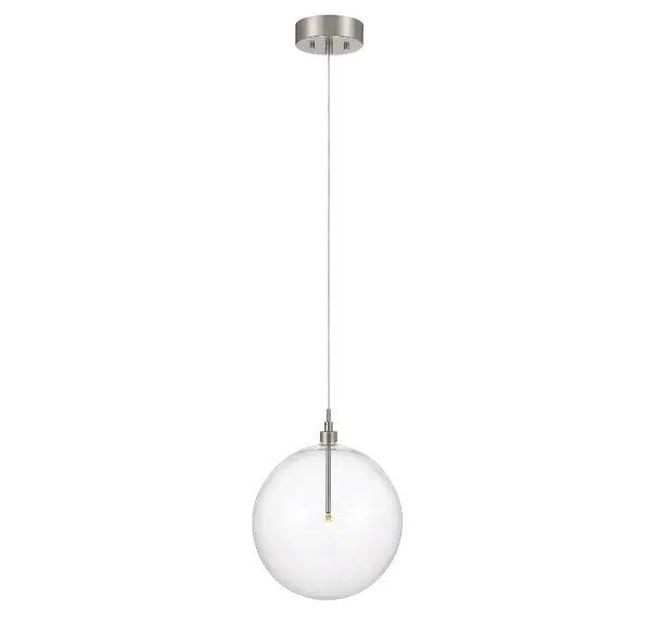This Meridian 1-light pendant showcases clean, minimal styling with a hand-blown orb of clear glass and a brushed nickel finish. You can adjust the hanging height of the light for total customization! Bi-pin T4 LED bulb included. Rooms: Bedroom, Billiard Room, Dining Room, Foyer, Kitchen, Office, Powder Room, Stairway, Lobby, Waiting Room, Media Room Finish: Brushed Nickel Glass: Clear Width: 14.00" Height: 14.00" Length: 14.00" Weight: 2.86 lb Wire: Wire Included: 120" Canopy: 1.5"x5.13"x5.5" Bulbs Included Number of Bulbs: 1 Maximum Wattage: 2.00 W Bulb Type: T4 Bulb Base: Bi-Pin Light Source: LED Light Output: 180.00 lm Color Temperature: 3000 K CRI: 90 Dimmable Voltage: 120.00 V Material: Metal, Glass Safety Listing: UL/CUL Safety Rating: Dry LED