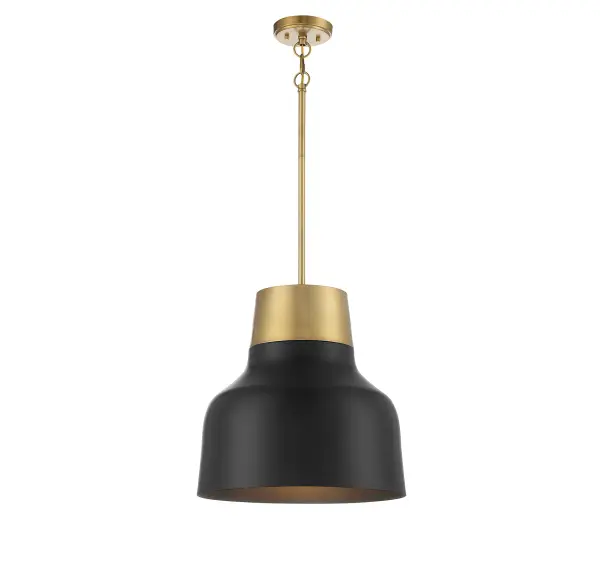 This Meridian 1-light pendant showcases a curving vintage-inspired shade that is finished in a stylish pairing of matte black with natural brass. Try using it solo or in groupings for a fashionable look! 18" height and 17" width. Max height 72". Max 60 watt bulb, standard size A19 bulb recommended. LED bulb compatible. Supplied with four 12" rods and one 6" rod. Rooms: Bedroom, Billiard Room, Dining Room, Foyer, Kitchen, Office, Powder Room, Stairway, Lobby, Waiting Room, Media Room Finish: Matte Black with Natural Brass Glass: Matte Black Metal Notes: Dual Mount Hanging System for flat or sloped ceilings. Width: 17.00" Height: 18.00" Length: 17.00" Weight: 8.36 lb Wire: 80" Rod: 4 x 12" & 1 x 6" Canopy: 1"x5.13"x5.13" Number of Bulbs: 1 Maximum Wattage: 60.00 W Bulb Type: A-19 Bulb Base: E26 Light Source: Incandescent/LED Dimmable Voltage: 120.00 V Material: Metal Safety Listing: UL/CUL Safety Rating: Dry LED