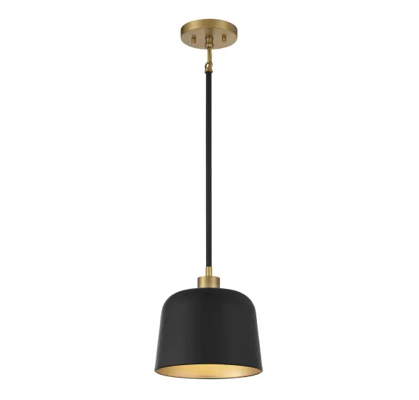 This Meridian 1-light pendant showcases a curving vintage-inspired shade and rod that are finished in matte black and paired perfectly with natural brass. 9" height and 9" width. Max height 63". Max 60 watt bulb, standard size A19 bulb recommended. LED bulb compatible. Supplied with three 9.5" rods. Rooms: Bedroom, Billiard Room, Dining Room, Foyer, Kitchen, Office, Powder Room, Stairway, Lobby, Waiting Room, Media Room Finish: Matte Black with Natural Brass Glass: Matte Black Metal Notes: Dual Mount Hanging System for flat or sloped ceilings. Width: 9.00" Height: 9.00" Length: 9.00" Weight: 3.09 lb Wire: 80" Rod: 3 x 9.5" Canopy: 0.79"x5.12"x5.12" Number of Bulbs: 1 Maximum Wattage: 60.00 W Bulb Type: A19 Bulb Base: E26 Light Source: Incandescent/LED Dimmable Voltage: 120.00 V Material: Metal Safety Listing: ETL/CETL Safety Rating: Dry LED