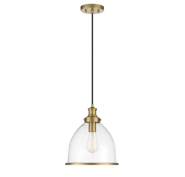 Looking for vintage-inspired lighting style? Look no further than this Meridian 1-light pendant! It flaunts a clear glass shade with natural brass detailing that goes perfectly with the black hanging cord. This pendant would look great flying solo or as part of a grouping. 12" height, 11" width. Max height 132". Max 60 watt bulb, standard size A19 bulb recommended. LED bulb compatible. Supplied with 120" of cord. Rooms: Bedroom, Billiard Room, Dining Room, Foyer, Kitchen, Office, Powder Room, Stairway, Lobby, Waiting Room, Media Room Finish: Natural Brass Glass: Clear Width: 11.00" Height: 12.00" Length: 11.00" Weight: 3.32 lb Canopy: 0.75"x5"x5" Number of Bulbs: 1 Maximum Wattage: 60.00 W Bulb Type: A-19 Bulb Base: E26 Light Source: Incandescent/LED Dimmable Voltage: 120.00 V Material: Metal, Glass Safety Listing: UL/CUL Safety Rating: Dry LED