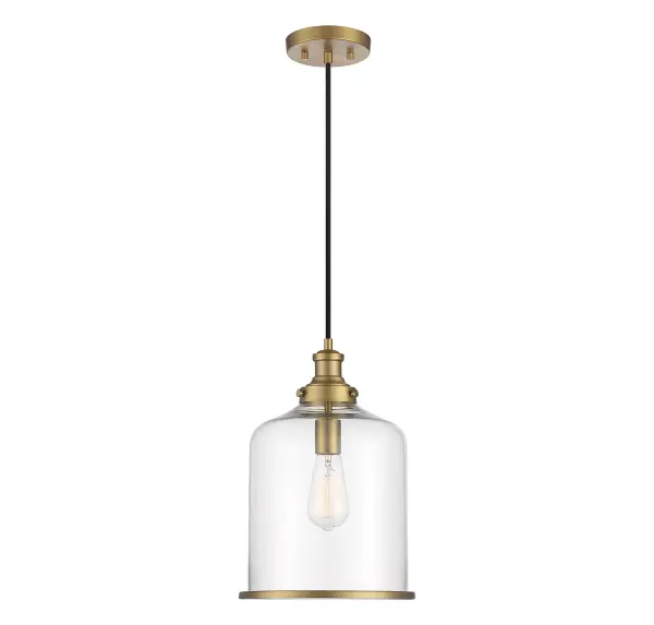 Looking for vintage-inspired lighting style? Look no further than this Meridian 1-light pendant! It flaunts a clear glass shade with natural brass detailing that goes perfectly with the black hanging cord. This pendant would look great flying solo or as part of a grouping. 15" height, 10.25" width. Max height 135". Max 60 watt bulb, standard size A19 bulb recommended. LED bulb compatible. Supplied with 120" of cord. Rooms: Bedroom, Billiard Room, Dining Room, Foyer, Kitchen, Office, Powder Room, Stairway, Lobby, Waiting Room, Media Room Finish: Natural Brass Glass: Clear Width: 10.25" Height: 15.00" Length: 10.25" Weight: 4.11 lb Canopy: 0.75"x5"x5" Number of Bulbs: 1 Maximum Wattage: 60.00 W Bulb Type: A-19 Bulb Base: E26 Light Source: Incandescent/LED Dimmable Voltage: 120.00 V Material: Metal, Glass Safety Listing: UL/CUL Safety Rating: Dry LED