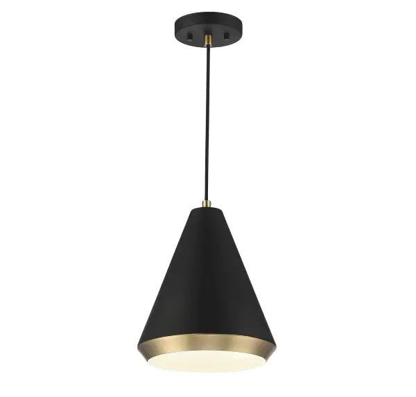 Get contemporary style with a vintage twist when you get this Meridian 1-light pendant, featuring a solid conical shade finished in matte black with natural brass accents. 12" height, 10" width. Max height 132". Max 60 watt bulb, standard size A19 bulb recommended. LED bulb compatible. Rooms: Bedroom, Billiard Room, Dining Room, Foyer, Kitchen, Office, Powder Room, Stairway, Lobby, Waiting Room, Media Room Finish: Matte Black with Natural Brass Glass: Matte Black Metal Width: 10.00" Height: 12.00" Length: 10.00" Weight: 3.43 lb Canopy: 0.75"x5.13"x5" Number of Bulbs: 1 Maximum Wattage: 60.00 W Bulb Type: A-19 Bulb Base: E26 Light Source: Incandescent/LED Dimmable Voltage: 120.00 V Material: Metal Safety Listing: UL/CUL Safety Rating: Dry LED