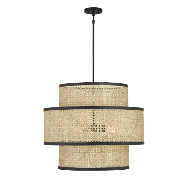 Bring in a relaxed, organic look with this stylish Meridian 3-light pendant. It features three different shades, each in natural cane with matte black edging, that overlap to create an eye-catching silhouette. Matte black finish. 18" height, 22" width. Max height 72". Max 60 watts per bulb, standard size A19 bulbs recommended. LED bulb compatible. Supplied with four 12" rods and one 6" rod. Rooms: Bedroom, Billiard Room, Dining Room, Foyer, Kitchen, Office, Powder Room, Stairway, Lobby, Waiting Room, Media Room Finish: Natural Cane with Matte Black Glass: Natural Cane Width: 22.00" Height: 18.00" Length: 22.00" Weight: 9.70 lb Wire: 80" Rod: 4 x 12" & 1 x 6" Canopy: 0.75"x5.13"x5" Number of Bulbs: 3 Maximum Wattage: 60.00 W Bulb Type: A19 Bulb Base: E26 Light Source: Incandescent/LED Dimmable Voltage: 120.00 V Material: Metal, Cane Safety Listing: UL/CUL Safety Rating: Dry LED