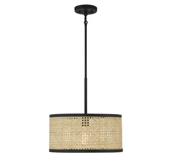 Bring in a relaxed, organic look with this stylish Meridian 1-light pendant. It features a natural cane shade with matte black edging for an eye-catching silhouette. Matte black finish. 16" height, 16" width. Max height 70". Max 60 watt bulb, standard size A19 bulb recommended. LED bulb compatible. Supplied with four 12" rods and one 6" rod. Rooms: Bedroom, Billiard Room, Dining Room, Foyer, Kitchen, Office, Powder Room, Stairway, Lobby, Waiting Room, Media Room Finish: Natural Cane with Matte Black Glass: Natural Cane Width: 16.00" Height: 16.00" Length: 16.00" Weight: 3.84 lb Wire: 80" Rod: 4 x 12" & 1 x 6" Canopy: 0.75"x5.13"x5" Number of Bulbs: 1 Maximum Wattage: 60.00 W Bulb Type: A19 Bulb Base: E26 Light Source: Incandescent/LED Dimmable Voltage: 120.00 V Material: Metal, Cane Safety Listing: UL/CUL Safety Rating: Dry LED