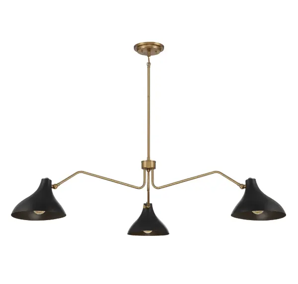 This Meridian 3-light pendant showcases curving vintage-inspired shades on long, dramatically angled arms and is finished in a stylish pairing of matte black with natural brass. 11.5" height, 48" width. Max height 65.5". Max 60 watts per bulb, standard size A19 bulbs recommended. LED bulb compatible. Supplied with four 12" rods and one 6" rod. Rooms: Bedroom, Billiard Room, Dining Room, Foyer, Kitchen, Office, Powder Room, Stairway, Lobby, Waiting Room, Media Room Finish: Matte Black with Natural Brass Glass: Matte Black Metal Width: 48.00" Height: 11.50" Length: 48.00" Weight: 10.76 lb Wire: 80" Rod: 4 x 12" & 1 x 6" Canopy: 1"x6"x6" Number of Bulbs: 3 Maximum Wattage: 60.00 W Bulb Type: A19 Bulb Base: E26 Light Source: Incandescent/LED Dimmable Voltage: 120.00 V Material: Metal Safety Listing: UL/CUL Safety Rating: Dry LED