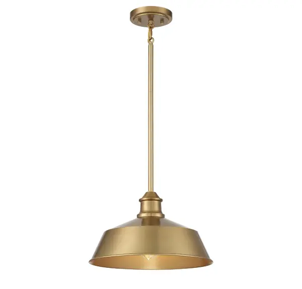 Bring a bold touch of vintage industrial style to any space with this 1-light pendant. It features a solid metal shade, eye-catching detailing and a natural brass finish. 8" height, 14" width. Uses standard size bulb, max 60 watts. LED bulb compatible. Rooms: Bedroom, Billiard Room, Dining Room, Foyer, Kitchen, Office, Powder Room, Stairway, Lobby, Waiting Room, Media Room Finish: Natural Brass Glass: Metal Width: 14.00" Height: 8.00" Length: 14.00" Weight: 5.72 lb Wire: 80" Rod: 4 x 12" & 1 x 6" Canopy: 1"x5"x5" Number of Bulbs: 1 Maximum Wattage: 60.00 W Bulb Type: E26 Bulb Base: E26 Light Source: Incandescent/LED Dimmable Voltage: 120.00 V Safety Listing: UL/CUL Safety Rating: Dry LED