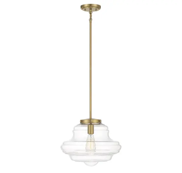 Bring a bold touch of vintage schoolhouse style to any space with this 1-light pendant. It features a natural brass finish and a curving clear glass shade with eye-catching detailing. 11.5" height, 15" width. Uses standard size bulb, max 60 watts. LED bulb compatible. Rooms: Bedroom, Billiard Room, Dining Room, Foyer, Kitchen, Office, Powder Room, Stairway, Lobby, Waiting Room, Media Room Finish: Natural Brass Glass: Clear Width: 15.00" Height: 11.50" Length: 15.00" Weight: 5.72 lb Wire: 80" Rod: 4 x 12" & 1 x 6" Canopy: 1"x5"x5" Number of Bulbs: 1 Maximum Wattage: 60.00 W Bulb Type: E26 Bulb Base: E26 Light Source: Incandescent/LED Dimmable Voltage: 120.00 V Safety Listing: UL/CUL Safety Rating: Dry LED