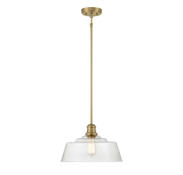 Bring a bold touch of vintage industrial style to any space with this 1-light pendant. It features a highly textured shade of glass, eye-catching detailing and a natural brass finish. 8" height, 15" width. Uses standard size bulb, max 60 watts. LED bulb compatible. Rooms: Bedroom, Billiard Room, Dining Room, Foyer, Kitchen, Office, Powder Room, Stairway, Lobby, Waiting Room, Media Room Finish: Natural Brass Glass: Vintage Width: 15.00" Height: 8.00" Length: 15.00" Weight: 7.20 lb Wire: 80" Rod: 4 x 12" & 1 x 6" Canopy: 1"x5"x5" Number of Bulbs: 1 Maximum Wattage: 60.00 W Bulb Type: E26 Bulb Base: E26 Light Source: Incandescent/LED Dimmable Voltage: 120.00 V Safety Listing: UL/CUL Safety Rating: Dry LED