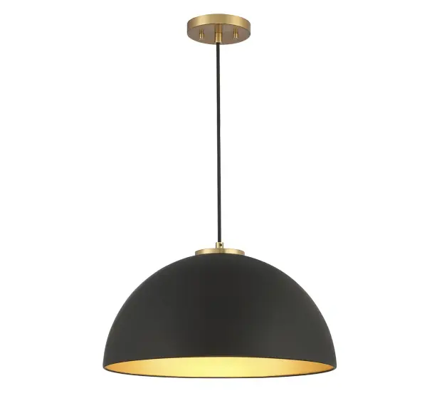 Bring a bold touch of vintage industrial style to any space with this 1-light pendant. It features a solid metal shade, eye-catching detailing and a matte black finish with natural brass. 10" height, 18" width. Uses standard size bulb, max 60 watts. LED bulb compatible. Rooms: Bedroom, Billiard Room, Dining Room, Foyer, Kitchen, Office, Powder Room, Stairway, Lobby, Waiting Room, Media Room Finish: Matte Black with Natural Brass Glass: Metal Width: 18.00" Height: 10.00" Length: 18.00" Weight: 4.41 lb Wire: 120" Canopy: 0.788"x5.122"x5.122" Number of Bulbs: 1 Maximum Wattage: 60.00 W Bulb Type: E26 Bulb Base: E26 Light Source: Incandescent/LED Dimmable Voltage: 120.00 V Safety Listing: ETL/CETL Safety Rating: Dry LED
