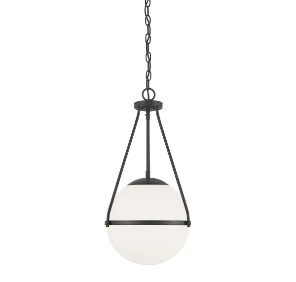 Find a gorgeous, retro-inspired glow with this 1-light pendant. Its orb shade of white opal glass wears a thin metal band accent perfectly to add another little touch of style. Matte black finish. 25.25" height and 13.25" width. Adjustable height ranges from 25.75" to 145.25". Uses 1 standard size bulb with a max of 60 watts (not included). Supplied with 120" of chain. Rooms: Bedroom, Billiard Room, Dining Room, Foyer, Kitchen, Office, Powder Room, Stairway, Lobby, Waiting Room, Media Room Finish: Matte Black Glass: White Opal Width: 13.25" Height: 25.25" Length: 13.25" Weight: 5.94 lb Chain: 1 x 120" Wire: 144" Canopy: 0.79"x5"x5" Number of Bulbs: 1 Maximum Wattage: 60.00 W Bulb Type: E26 Bulb Base: E26 Light Source: Incandescent/LED Dimmable Voltage: 120.00 V Material: Metal, Glass Safety Listing: UL/CUL Safety Rating: Dry LED