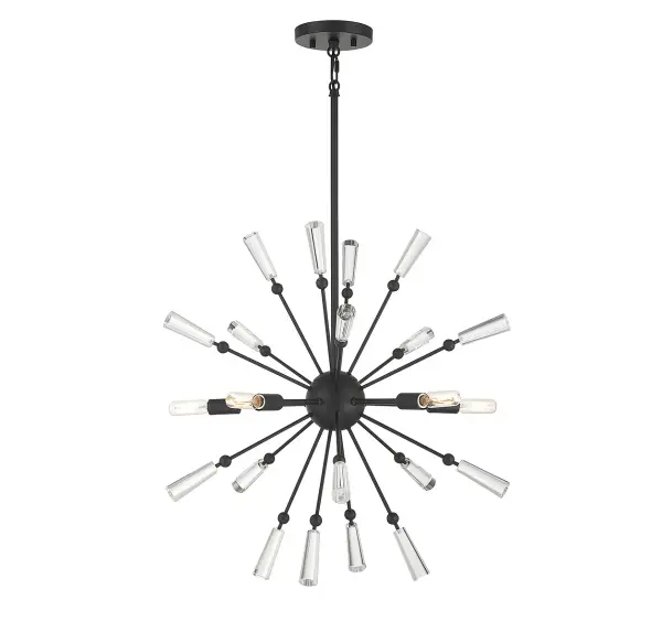 Iconic Sputnik style is reinvented with a fun new form in this 5-light pendant. Clear crystal accents decorate each arm of the structure and pair nicely with the exposed bulbs. Matte Black finish. 26" height and 26" width. Adjustable height ranges from 32" to 80". Uses five candelabra size bulbs with a max of 60 watts per bulb (not included). Supplied with four 12" downrods and one 6" downrod. Uses a dual mount hanging system for flat or sloped ceilings. Rooms: Bedroom, Billiard Room, Dining Room, Foyer, Kitchen, Office, Powder Room, Stairway, Lobby, Waiting Room, Media Room Finish: Matte Black Crystal: Clear Width: 26.00" Height: 26.00" Length: 26.00" Weight: 10.31 lb Wire: 80" Rod: 4 x 12" & 1 x 6" Canopy: 0.75"x5"x5" Number of Bulbs: 5 Maximum Wattage: 60.00 W Bulb Type: E12 Bulb Base: E12 Light Source: Incandescent/LED Dimmable Voltage: 120.00 V Material: Metal, Glass Safety Listing: ETL/CETL Safety Rating: Dry LED