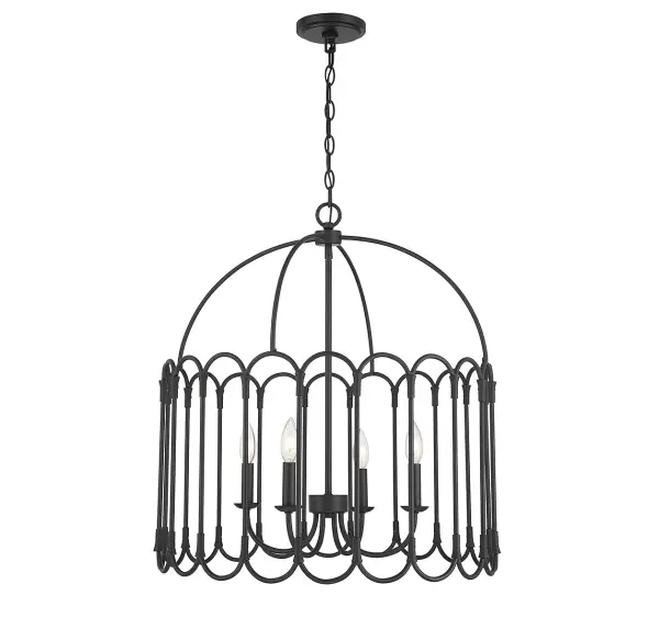 This 3-light pendant adds a whimsical and fun touch to the classic cage-style pendant with scalloped detailing. The Matte Black finish is fantastically versatile, too! 26" height and 24" width. Adjustable height ranges from 26.5" to 146". Uses four candelabra size bulbs with a max of 60 watts per bulb (not included). Supplied with 120" of chain. Rooms: Bedroom, Billiard Room, Dining Room, Foyer, Kitchen, Office, Powder Room, Stairway, Lobby, Waiting Room, Media Room Finish: Matte Black Width: 24.00" Height: 26.00" Length: 24.00" Weight: 9.92 lb Chain: 1 x 120" Wire: 144" Canopy: 0.75"x5"x5" Number of Bulbs: 4 Maximum Wattage: 60.00 W Bulb Type: E12 Bulb Base: E12 Light Source: Incandescent/LED Dimmable Voltage: 120.00 V Material: Metal Safety Listing: ETL/CETL Safety Rating: Dry LED