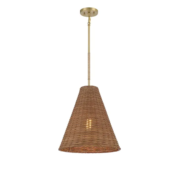 Textured materials, like the woven natural rattan shade on this 1-light pendant, bring dimensions of style and warmth that make any space cozy and casual. A rope accent on the downrod adds even more allure. Natural Brass finish. 17" height and 16" width. Adjustable height ranges from 23" to 71". Uses one standard size bulb with a max of 60 watts (not included). Supplied with four 12" downrods and one 6" downrod. Uses a dual mount hanging system for flat or sloped ceilings. Rooms: Bedroom, Billiard Room, Dining Room, Foyer, Kitchen, Office, Powder Room, Stairway, Lobby, Waiting Room, Media Room Finish: Natural Brass Glass: Natural Rattan Width: 16.00" Height: 17.00" Length: 16.00" Weight: 4.00 lb Wire: 80" Rod: 4 x 12" & 1 x 6" Canopy: 0.75"x5"x5" Number of Bulbs: 1 Maximum Wattage: 60.00 W Bulb Type: E26 Bulb Base: E26 Light Source: Incandescent/LED Dimmable Voltage: 120.00 V Material: Metal, Rattan Safety Listing: ETL/CETL Safety Rating: Dry LED