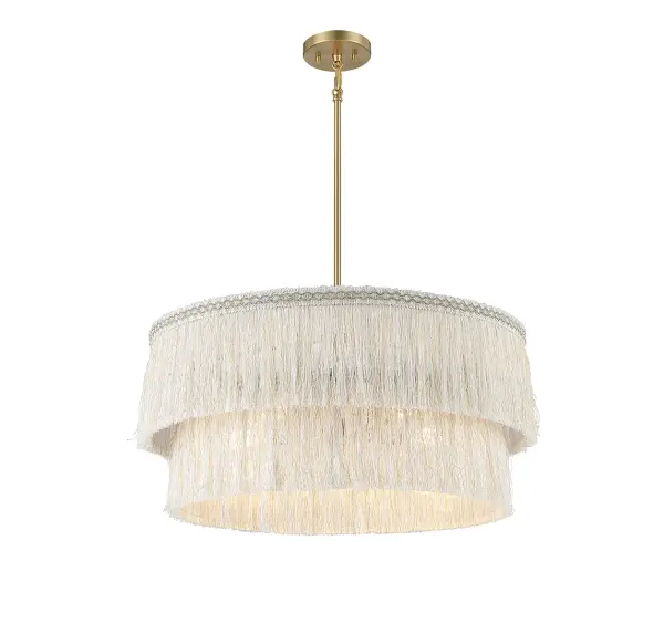Textured materials, like the soft and touchable frayed thread shade on this 5-light pendant, bring dimensions of style and warmth that make any space cozy and casual. Stitched detailing at the top of the shade adds even more allure. Natural Brass finish. 12" height and 26" width. Adjustable height ranges from 18" to 66". Uses five standard size bulbs with a max of 60 watts per bulb (not included). Supplied with four 12" downrods and one 6" downrod. Rooms: Bedroom, Billiard Room, Dining Room, Foyer, Kitchen, Office, Powder Room, Stairway, Lobby, Waiting Room, Media Room Finish: Natural Brass Glass: Frayed Thread Width: 26.00" Height: 12.00" Length: 26.00" Weight: 10.76 lb Wire: 80" Rod: 4 x 12" & 1 x 6" Canopy: 0.75"x5"x5" Number of Bulbs: 5 Maximum Wattage: 60.00 W Bulb Type: E26 Bulb Base: E26 Light Source: Incandescent/LED Dimmable Voltage: 120.00 V Material: Metal, Thread Safety Listing: ETL/CETL Safety Rating: Dry LED
