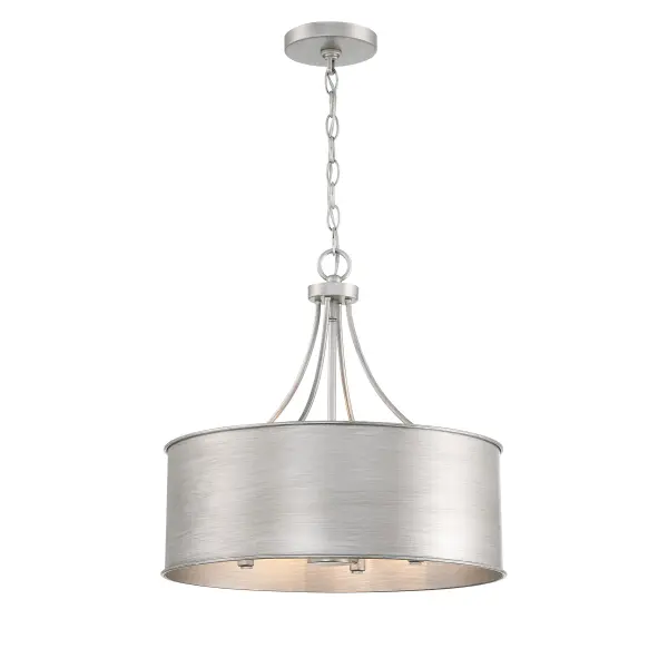 This 4-light pendant is the perfect way to bring timeless allure to any space. The drum-shaped solid metal shade, finished in Antique Silver, creates an eye-catching and appealing glow. 17.5" height and 18" width. Uses candelabra size bulbs, max 60 watts per bulb. LED bulb compatible. Comes with 120" of chain. Rooms: Bedroom, Billiard Room, Dining Room, Foyer, Kitchen, Office, Powder Room, Stairway, Lobby, Waiting Room, Media Room Finish: Antique Silver Glass: Metal Width: 18.00" Height: 17.50" Length: 18.00" Weight: 8.58 lb Chain: 1 x 120" Wire: 144" Canopy: 0.79"x5.12"x5.12" Number of Bulbs: 4 Maximum Wattage: 60.00 W Bulb Type: Candelabra Bulb Base: E12 Light Source: Incandescent/LED Dimmable Voltage: 120.00 V Material: Metal Safety Listing: ETL/CETL Safety Rating: Dry LED Spec Sheet