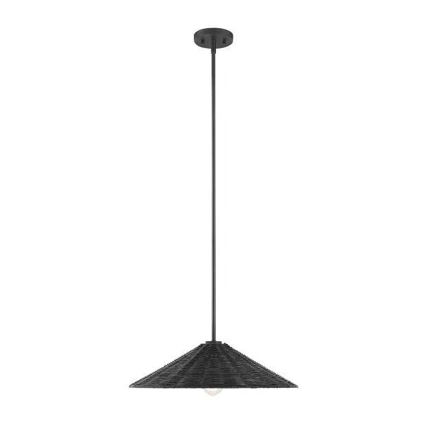 Add a relaxed, natural vibe to any room with this chic 1-light pendant. It flaunts a highly textured shade of natural rattan that is finished in black to match the fixture's Matte Black finish, bringing in a bold and fashionable flair. 5" height and 20" width. Uses one standard size bulb, max 60 watts. LED bulb compatible. Comes with four 12" downrods and one 6" downrod. Rooms: Bedroom, Billiard Room, Dining Room, Foyer, Kitchen, Office, Powder Room, Stairway, Lobby, Waiting Room, Media Room Finish: Matte Black Glass: Natural Rattan Width: 20.00" Height: 5.00" Length: 20.00" Weight: 3.53 lb Wire: 80" Rod: 4 x 12" & 1 x 6" Canopy: 0.75"x5"x5" Number of Bulbs: 1 Maximum Wattage: 60.00 W Bulb Type: E26 Bulb Base: E26 Light Source: Incandescent/LED Dimmable Voltage: 120.00 V Material: Metal, Natural Rattan Safety Listing: ETL/CETL Safety Rating: Dry LED Spec Sheet