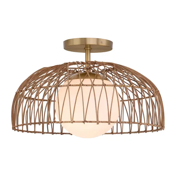 Art Deco meets organic in this beautiful 1-light ceiling light. A central orb of white etched glass is surrounded by a natural rattan shade that features an intriguing intricate pattern. The Natural Brass finish pairs nicely with these elements. This light can also be used as a hanging pendant! 12" height and 18" width. Uses one standard size bulb, max 60 watts. LED bulb compatible. Comes with four 12" downrods and one 6" downrod. Rooms: Bedroom, Dining Room, Entryway, Family Room, Foyer, Great Room, Kitchen, Living Room, Office, Stairway, Lobby, Waiting Room, Media Room Finish: Natural Brass Glass: White Etched Width: 18.00" Height: 12.00" Length: 18.00" Weight: 3.53 lb Wire: 80" Rod: 4 x 12" & 1 x 6" Canopy: 0.75"x6"x6" Number of Bulbs: 1 Maximum Wattage: 60.00 W Bulb Type: E26 Bulb Base: E26 Light Source: Incandescent/LED Dimmable Voltage: 120.00 V Material: Metal, Natural Rattan, Glass Safety Listing: ETL/CETL Safety Rating: Dry LED Spec Sheet