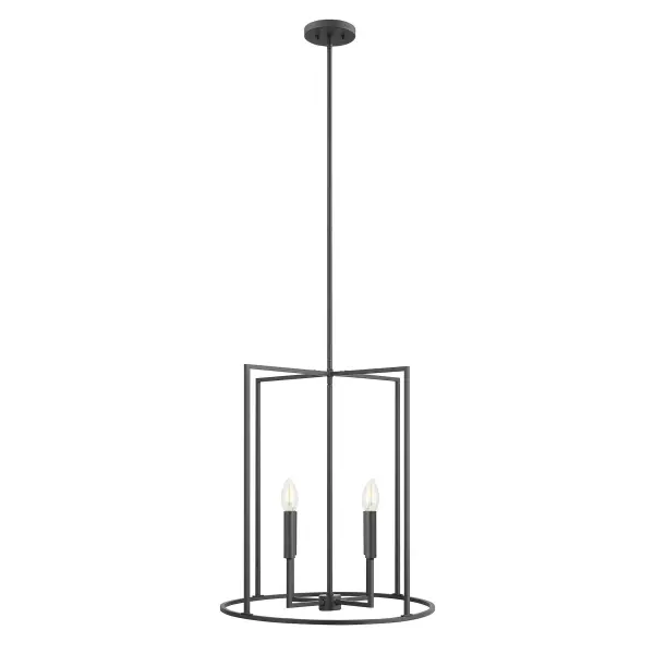 This tall, cylindrical 4-light chandelier has an airy structure that expertly combines sharp and round angles and is finished in Matte Black. It is 21" in height and 19" in width. Uses four candelabra size bulbs of up to 60 watts per bulb. Bulbs not included. Rooms: Bedroom, Billiard Room, Dining Room, Foyer, Kitchen, Office, Powder Room, Stairway, Lobby, Waiting Room, Media Room Finish: Matte Black Width: 19.00" Height: 21.00" Length: 19.00" Weight: 6.83 lb Wire: 80" Rod: 4 x 12" & 1 x 6" Canopy: 0.75"x5"x5" Number of Bulbs: 4 Maximum Wattage: 60.00 W Bulb Type: Candelabra Bulb Base: E12 Light Source: Incandescent/LED Dimmable Voltage: 120.00 V Material: Metal Safety Listing: ETL Safety Rating: Dry LED