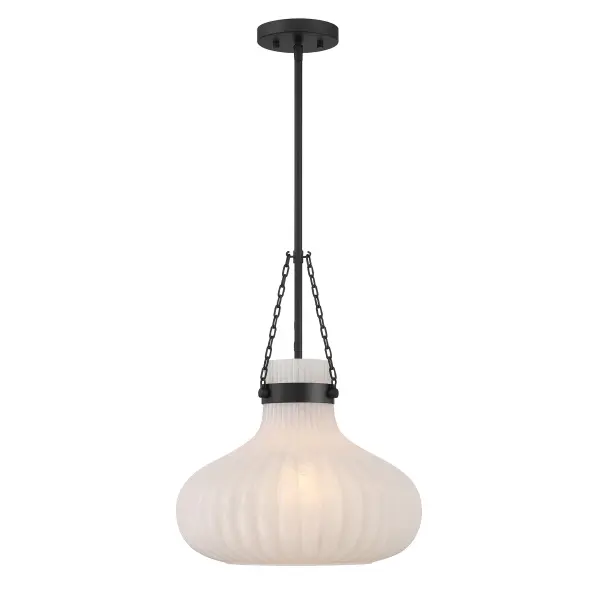 Traditional style lighting is given an ethereal upgrade in this beautiful 1-light pendant. Its fluted ribbed glass shade is made from strie glass featuring dazzling swirls that draw the eye, soften the glow and work beautifully with the Matte Black finish. This pendant is 15" in width and has an adjustable height ranging from 19" to 73". Comes with four 12" downrods and one 6" downrod. Uses one standard size bulb of up to 60 watts. Bulb not included. Rooms: Bedroom, Billiard Room, Dining Room, Foyer, Kitchen, Office, Powder Room, Stairway, Lobby, Waiting Room, Media Room Finish: Matte Black Glass: Fluted Ribbed Strie Width: 15.00" Height: 19.00" Length: 15.00" Weight: 10.56 lb Wire: 80" Rod: 4 x 12" & 1 x 6" Canopy: 0.78"x5.1"x5.1" Number of Bulbs: 1 Maximum Wattage: 60.00 W Bulb Type: E26 Bulb Base: E26 Light Source: Incandescent/LED Dimmable Voltage: 120.00 V Material: Metal, Glass Safety Listing: ETL Safety Rating: Dry LED