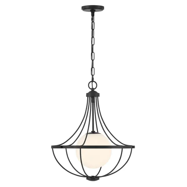 This unique and eye-catching 1-light pendant takes style cues from traditional chandelier silhouettes, then freshens them up with a contemporary twist. A curved frame finished in Matte Black supports an orb of white opal glass that shines from within. 22" height and 18" width. Comes with 120" of hanging chain. Uses 1 standard size bulb of up to 60 watts. Bulb not included. Rooms: Bedroom, Billiard Room, Dining Room, Foyer, Kitchen, Office, Powder Room, Stairway, Lobby, Waiting Room, Media Room Finish: Matte Black Glass: White Opal Width: 18.00" Height: 22.00" Length: 18.00" Weight: 9.98 lb Chain: 1 x 120" Wire: 144" Canopy: 0.75"x5"x5" Number of Bulbs: 1 Maximum Wattage: 60.00 W Bulb Type: E26 Bulb Base: E26 Light Source: Incandescent/LED Dimmable Voltage: 120.00 V Material: Metal, Glass Safety Listing: UL/CUL Safety Rating: Dry LED