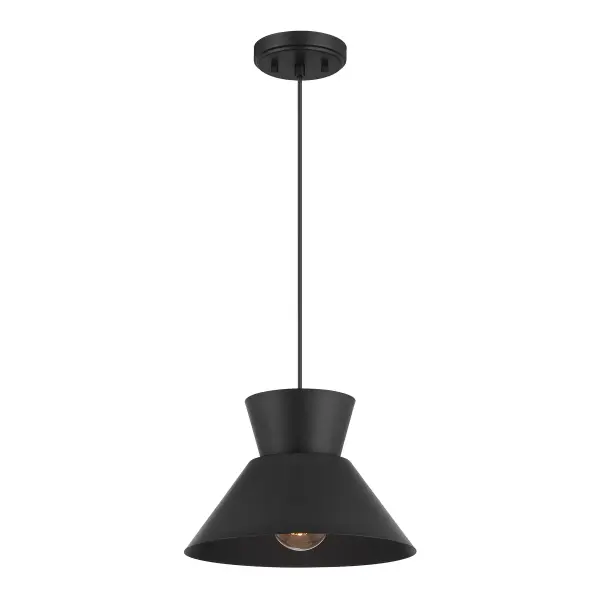 Get iconic mid-century modern style with this 1-light pendant, which has a chic conical solid metal shade finished in Matte Black. The sleek black hanging cord allows you to adjust the hanging height to meet the needs of your space. The height ranges from 7.75" to 127.75". The width is 12". Uses 1 standard size bulb of up to 60 watts. Bulb not included. Rooms: Bedroom, Billiard Room, Dining Room, Foyer, Kitchen, Office, Powder Room, Stairway, Lobby, Waiting Room, Media Room Finish: Matte Black Width: 12.00" Height: 7.75" Length: 12.00" Weight: 2.86 lb Wire: 120" Canopy: 1"x5.11"x5.11" Number of Bulbs: 1 Maximum Wattage: 60.00 W Bulb Type: E26 Bulb Base: E26 Light Source: Incandescent/LED Dimmable Voltage: 120.00 V Material: Metal Safety Listing: ETL Safety Rating: Dry LED