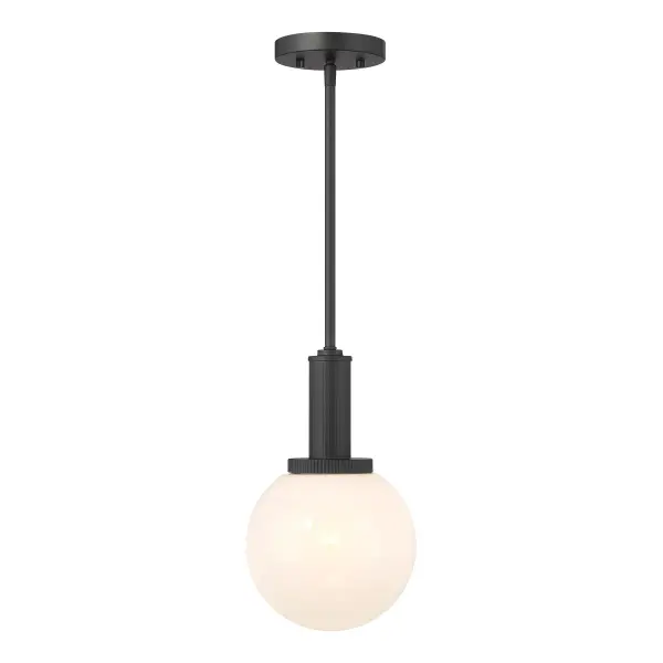 Add a little touch of magic to any room with this 1-light pendant. Its streamlined design allows a beautiful orb of strie glass to take center stage. The glass features dazzling swirls that draw the eye, soften the glow and work beautifully with the Matte Black finish. Adjustable height ranges from 13.25" to 67.25". Comes with four 12" downrods and one 6" downrod. 8" width. Uses 1 standard size bulb of up to 60 watts. Bulb not included. Rooms: Bedroom, Billiard Room, Dining Room, Foyer, Kitchen, Office, Powder Room, Stairway, Lobby, Waiting Room, Media Room Finish: Matte Black Glass: White Strie Width: 8.00" Height: 13.25" Length: 8.00" Weight: 3.52 lb Wire: 80" Rod: 4 x 12" & 1 x 6" Canopy: 0.78"x5.1"x5.1" Number of Bulbs: 1 Maximum Wattage: 60.00 W Bulb Type: E26 Bulb Base: E26 Light Source: Incandescent/LED Dimmable Voltage: 120.00 V Material: Metal, Glass Safety Listing: ETL Safety Rating: Dry LED