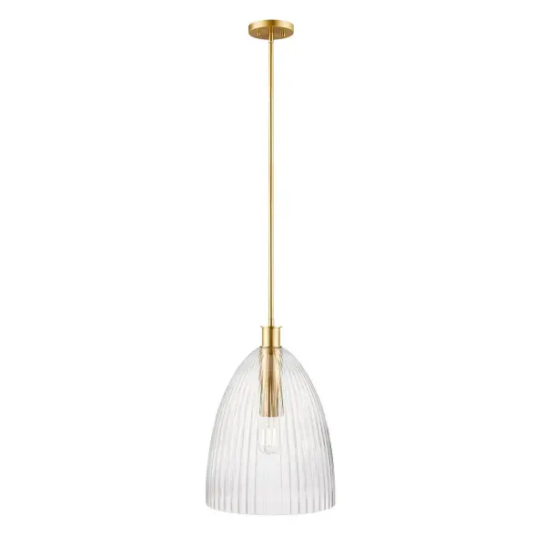 Create beautiful illumination with this 1-light pendant! Its ribbed glass shade brings in a big dose of textural intrigue and its Natural Brass finish adds richness. This pendant is 20" in height and 14" in width. It uses one standard size bulb of up to 60 watts. Bulb not included. Rooms: Bedroom, Billiard Room, Dining Room, Foyer, Kitchen, Office, Powder Room, Stairway, Lobby, Waiting Room, Media Room Finish: Natural Brass Glass: Clear Pleated Width: 14.00" Height: 20.00" Length: 14.00" Weight: 12.79 lb Wire: 80" Rod: 4 x 12" & 1 x 6" Canopy: 0.75"x5"x5" Number of Bulbs: 1 Maximum Wattage: 60.00 W Bulb Type: E26 Bulb Base: E26 Light Source: Incandescent/LED Dimmable Voltage: 120.00 V Material: Metal, Glass Safety Listing: ETL Safety Rating: Dry LED