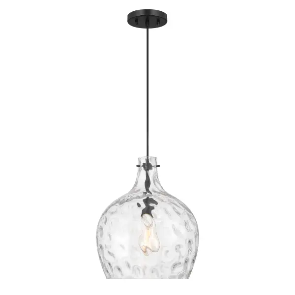 Amplify the look of any space with this beautiful 1-light pendant! It features a shade of highly textured hammered glass that takes center stage, held on a sleek black hanging cord and accentuated by hardware in a Matte Black finish. This pendant is 12.75" in width and has an adjustable height ranging from 15" to 135". Uses 1 standard size bulb of up to 60 watts. Bulb not included. Rooms: Bedroom, Billiard Room, Dining Room, Foyer, Kitchen, Office, Powder Room, Stairway, Lobby, Waiting Room, Media Room Finish: Matte Black Glass: Hammered Width: 12.75" Height: 15.00" Length: 12.75" Weight: 6.78 lb Wire: 120" Canopy: 0.75"x5"x5" Number of Bulbs: 1 Maximum Wattage: 60.00 W Bulb Type: E26 Bulb Base: E26 Light Source: Incandescent/LED Dimmable Voltage: 120.00 V Material: Metal, Glass Safety Listing: UL/CUL Safety Rating: Dry LED