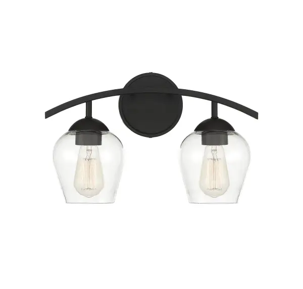 Shape up your bath lighting style with this 2-light bathroom vanity light! Between the curving arm, the wineglass-style clear glass shades and the circular backplate, it's the perfect way to brighten your bath. Matte black finish. Can be mounted with shades facing up or down. It is 9.88" in height and 16" in width. It extends 7.13" from the wall. It uses 2 standard size bulbs of up to 60 watts per bulb, is LED compatible and is dimmable. Collection: Mbath Rooms: Bathroom, Powder Room Finish: Matte Black Glass: Clear Width: 16.00" Height: 9.88" Weight: 2.86 lb Extension from Wall: 7.13" Canopy: 5"x5" Number of Bulbs: 2 Maximum Wattage: 60.00 W Bulb Type: ST19 Bulb Base: E26 Light Source: Incandescent/LED Dimmable Voltage: 120.00 V Material: Metal, Glass Safety Listing: UL/CUL Safety Rating: Damp LED