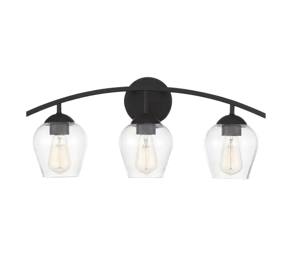 Shape up your bath lighting style with this 3-light bathroom vanity light! Between the curving arm, the wineglass-style clear glass shades and the circular backplate, it's the perfect way to brighten your bath. Matte black finish. Can be mounted with shades facing up or down. It is 10.38" in height and 24" in width. It extends 7.13" from the wall. It uses 3 standard size bulbs of up to 60 watts per bulb, is LED compatible and is dimmable. Collection: Mbath Rooms: Bathroom, Powder Room Finish: Matte Black Glass: Clear Width: 24.00" Height: 10.38" Weight: 4.29 lb Extension from Wall: 7.13" Canopy: 5"x5" Number of Bulbs: 3 Maximum Wattage: 60.00 W Bulb Type: ST19 Bulb Base: E26 Light Source: Incandescent/LED Dimmable Voltage: 120.00 V Material: Metal, Glass Safety Listing: UL/CUL Safety Rating: Damp LED