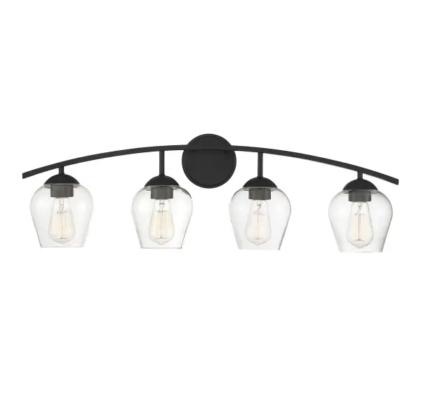 Shape up your bath lighting style with this 4-light bathroom vanity light! Between the curving arm, the wineglass-style clear glass shades and the circular backplate, it's the perfect way to brighten your bath. Matte black finish. Can be mounted with shades facing up or down. It is 10.38" in height and 32.75" in width. It extends 7.13" from the wall. It uses 4 standard size bulbs of up to 60 watts per bulb, is LED compatible and is dimmable. Collection: Mbath Rooms: Bathroom, Powder Room Finish: Matte Black Glass: Clear Width: 32.75" Height: 10.38" Weight: 5.28 lb Extension from Wall: 7.13" Canopy: 5"x5" Number of Bulbs: 4 Maximum Wattage: 60.00 W Bulb Type: ST19 Bulb Base: E26 Light Source: Incandescent/LED Dimmable Voltage: 120.00 V Material: Metal, Glass Safety Listing: UL/CUL Safety Rating: Damp LED