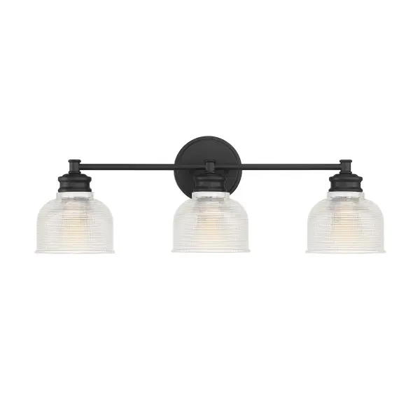 Vintage style inspiration is beautifully modernized in this 3-light bathroom vanity light. It features a streamlined style with shades of textured clear halophane glass, a circular backplate and a matte black finish. Can be mounted with the shades facing up or down. 9.25" in height and 24.25" in width. Extends 6.5" from the wall. Uses 3 standard size bulbs of up to 60 watts per bulb, is LED compatible and is dimmable. Collection: Mbath Rooms: Bathroom, Powder Room Finish: Matte Black Glass: Clear Halophane Width: 24.25" Height: 9.25" Weight: 6.38 lb Extension from Wall: 6.50" Canopy: 5"x5" Number of Bulbs: 3 Maximum Wattage: 60.00 W Bulb Type: ST19 Bulb Base: E26 Light Source: Incandescent/LED Dimmable Voltage: 120.00 V Material: Metal, Glass Safety Listing: UL/CUL Safety Rating: Damp LED
